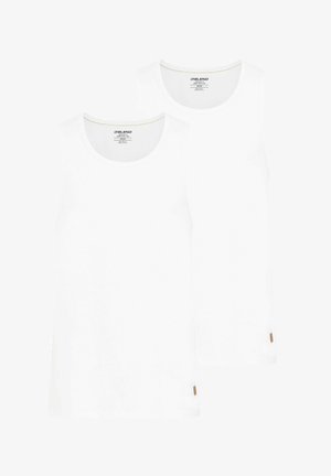 Két fehér ujjatlan póló kerek nyakkivágással, sima felülettel és diszkrét márkacímkékkel az alsó szegélyen.