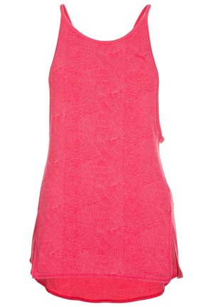 Pinkes ärmelloses Tanktop mit dünnen Trägern und einem dezenten, durchgehenden Muster aus kreisförmigen Streifen, hinten etwas länger geschnitten mit seitlichen Schlitzen.