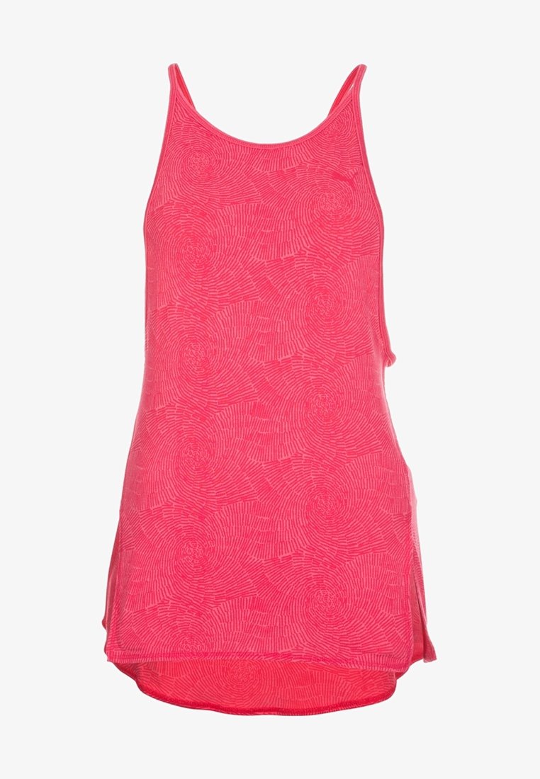 Débardeur rose sans manches avec fines bretelles et un motif circulaire rayé subtil sur l'ensemble, légèrement plus long à l'arrière avec des fentes latérales.