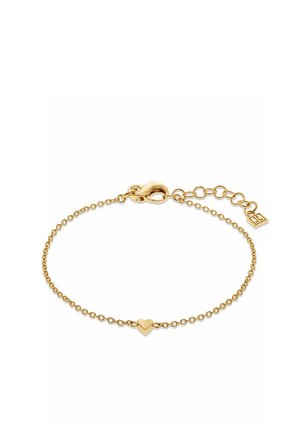 Feines Armband aus Goldkette mit kleinem Herzanhänger in der Mitte, Karabinerverschluss und verstellbaren Gliedern mit einem quadratischen Anhänger.