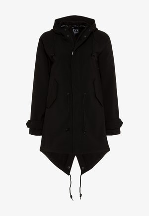 Black softshell jacket featuring a hood, adjustable drawstrings, and flap pockets, with a longer back hem and rolled cuffs.