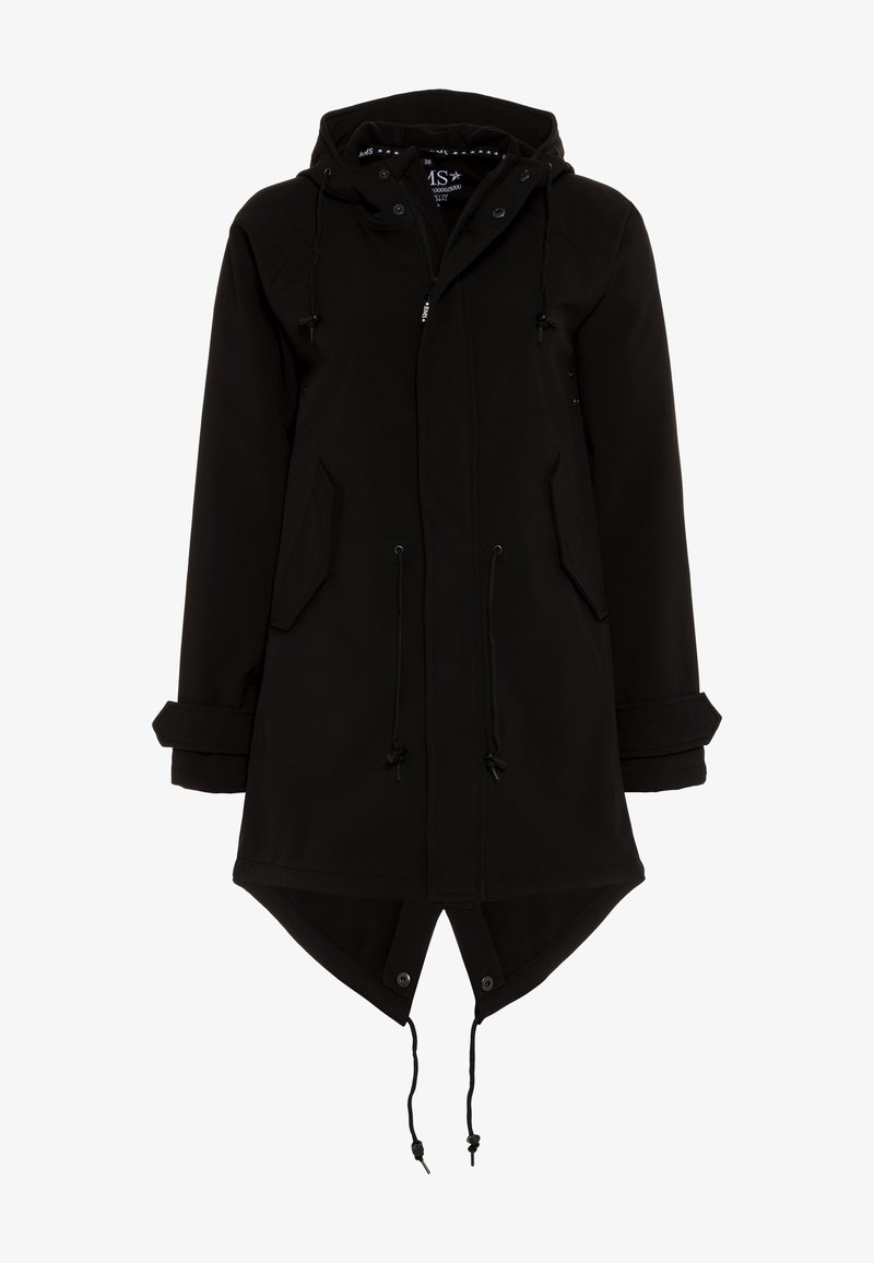 Black softshell jacket featuring a hood, adjustable drawstrings, and flap pockets, with a longer back hem and rolled cuffs.