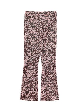 Leopardmönstrade utsvängda byxor i rosa och svart, tillverkade av stretchigt tyg med en slät textur, med en figursydd midja och utsvängd fåll.