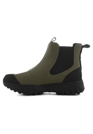 Green waterproof ankle boot with black elastic panels, rugged outsole, and pull tab. Smooth texture on sides and a rubber toe cap.