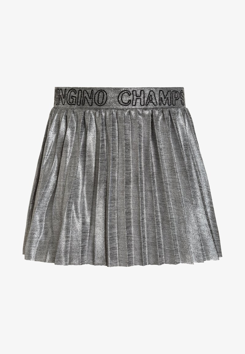 Metallic silver pleated skirt with a textured surface and an elastic waistband featuring the text "INGINO CHAMPS" embroidered in black.
