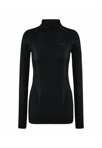 Haut de sport noir à manches longues avec une fermeture éclair quart. Présente un tissu texturé et de subtils accents gris clair le long des épaules et des manches.