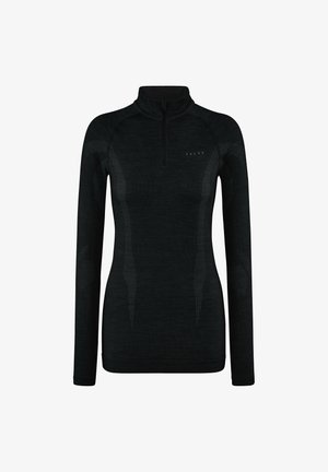 Czarny długi rękawek sportowy top z ćwierć zamkiem błyskawicznym. Posiada teksturowany materiał i subtelne jasnoszare akcenty na ramionach i rękawach.