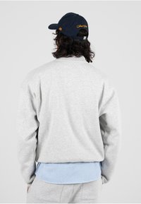 Grijze sweatshirt met een ontspannen pasvorm, met een gestructureerde afwerking. Beneath is een lichtblauw en wit gestreept shirt zichtbaar. Donkerblauwe pet met gele borduursel.