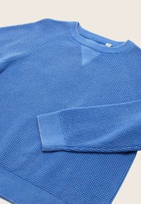 Maglione blu lavorato a maglia con un motivo testurizzato, colletto e polsini a costine, e un design classico a girocollo.