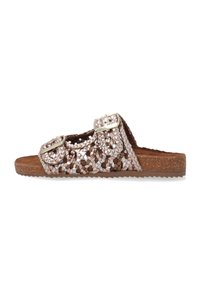 Gewebter brauner und metallischer Rutschsandalette mit zwei verstellbaren Riemen und einer texturierten Sohle. Die Fußbett ist gepolstert für zusätzlichen Komfort.
