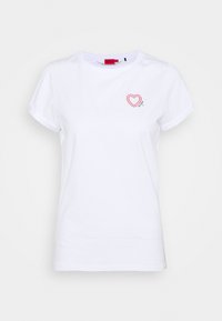 Hvid bomulds T-shirt med korte ærmer, der har en rød hjerteomrids- og tekstbrodering, rund hals og et afslappet fit.