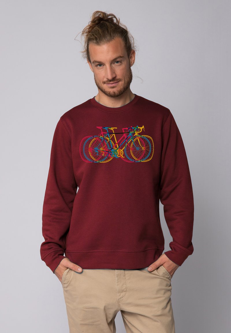 Bordeaux sweatshirt van katoenmix met een ronde hals. Voorzien van een multicolore fietsdruk aan de voorkant. Gestructureerde afwerking.