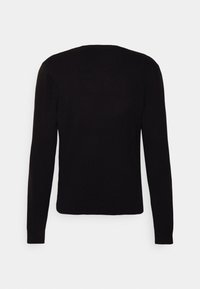 Svart långärmad tröja, rund halsringning, mjuk textur, ribbade ärmslut och nederkant, enkel design, inga synliga mönster eller detaljer.