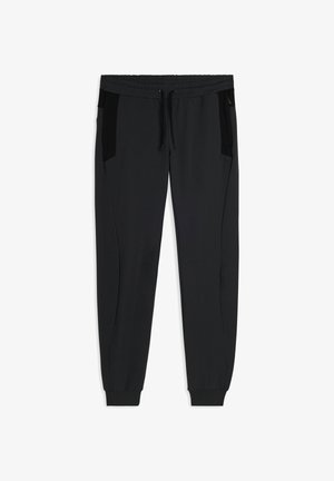 Pantalones de chándal negros hechos de una tela suave, con bolsillos laterales con paneles negros, una cintura elástica y puños acanalados.