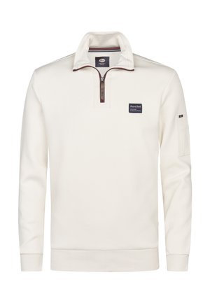 Weißer Fleece-Pullover mit hohem Kragen und einem Viertel-Reißverschluss. Verfügt über ein Logo-Patch auf der Brust und eine Brusttasche mit Klappe.