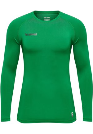 Groen, langarm sportshirt gemaakt van glad, rekbaar materiaal. Heeft een ronde halslijn en een zilveren 'hummel' logo op de borst.