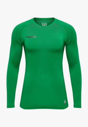 Zielona, long-sleeve koszulka sportowa wykonana z gładkiego, elastycznego materiału. Posiada okrągły dekolt oraz srebrne logo 'hummel' na klatce piersiowej.