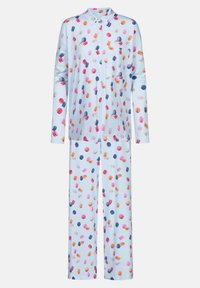 Ensemble de pyjama bleu clair avec manches longues et pantalon, présentant un motif rayé orné d'illustrations de macarons colorés.