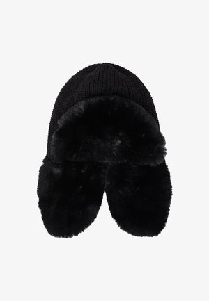 Cappello invernale nero in maglia con orecchie in pelliccia sintetica, caratterizzato da una calotta texturizzata e morbidi accenti fluffy per un calore e comfort extra.