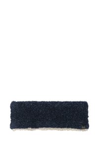 Navy blue knitted headband with a textured surface, featuring a white fleece interior lining and a small branded accent on one side.