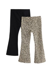 Deux paires de leggings évasés : une noire unie et une beige avec un imprimé léopard noir. Les deux disposent d'une taille élastique et sont en coton.
