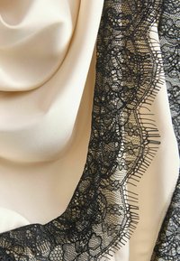 Béžová saténová látka s černou krajkovou lemovkou, která obsahuje složité květinové vzory a vroubkovaný okraj. Hladká textura s kontrastními detaily.