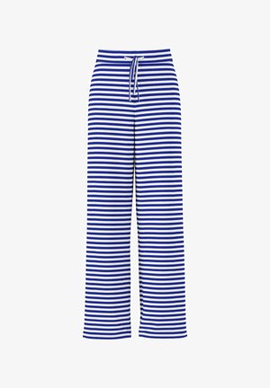 Kék-fehér vízszintesen csíkos, széles szárú nadrág állítható húzózsinórral a derékrészen, fehér háttéren bemutatva.