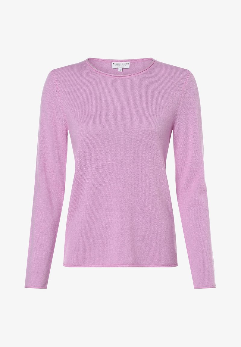 Pull doux en maille à manches longues avec col rond uni en violet clair avec une silhouette ajustée.