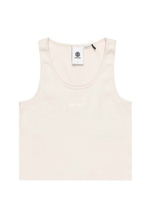 Top senza maniche di colore crema realizzato in tessuto a costine. Presenta uno scollo rotondo, ampie aperture per le braccia e un piccolo logo sul davanti.