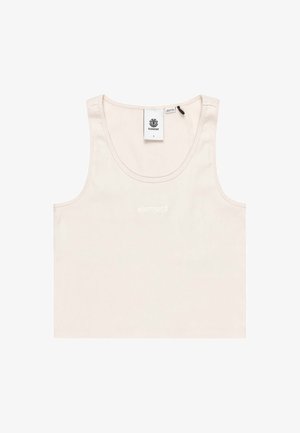 Cremefarvet tanktop lavet af ribbet stof. Har en scoop-halsudskæring, brede ærmegab, og et lille logo på forsiden.