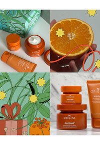 Tre oransje hudpleieprodukter fra Origins med elegant, rund emballasje. En kuttet appelsin og fargerike illustrasjoner med planter og stjerner er inkludert.