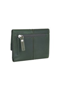Portafoglio in pelle verde con tasca con zip, caratterizzato da una superficie liscia, forma rettangolare e dettagli cuciti a doppio per una maggiore resistenza.