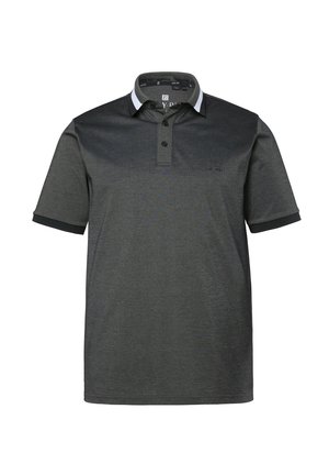 Dunkelgraues Poloshirt mit kurzen Ärmeln, schwarzen Knöpfen und einer schwarz-weißen Kragenverzierung, auf einem weißen Hintergrund präsentiert.
