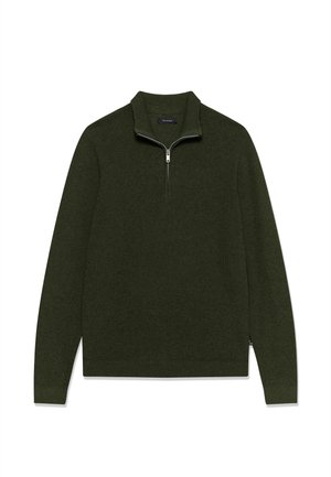 Dunkelgrüner, langärmliger, gestrickter Pullover mit Viertelreißverschluss am Kragen sowie gerippten Bündchen und Saum.