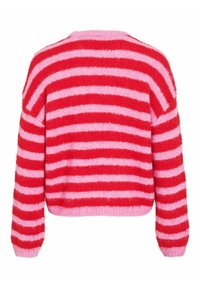 Sweter dziergany o krótkim kroju i długich rękawach. Posiada naprzemienne czerwone i różowe paski poziome. Miękka, puszysta tekstura.