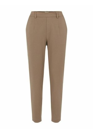 Pantalons marron ajustés, avec un design à jambes droites, une texture lisse, des poches avant et une taille avec passants de ceinture.