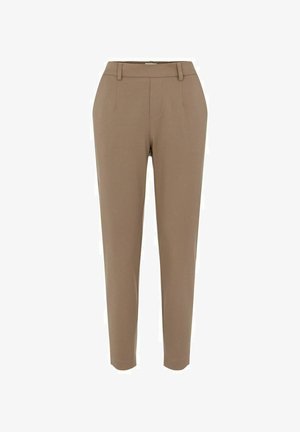 Brown tailored trousers, featuring a straight-leg design, smooth texture, front pockets, and a waistband with belt loops.