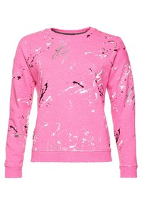 Rosa sweatshirt med rund hals, långa ärmar och ett splatterdesign i svart och silver med slitna detaljer på axlarna.