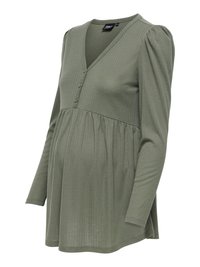 Oliemgroene geribbelde zwangerschaps top met lange mouwen, pofschouders, V-hals en een drieknoopssluiting aan de voorkant.