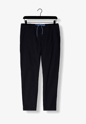 Navy blue casual pants with a drawstring waist featuring a light blue accent. Made of soft fabric with side pockets and a tapered shape.