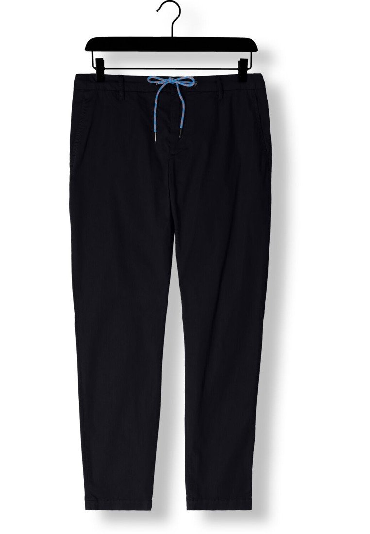 Navyblaue Freizeit-Hosen mit einem Kordelzugbund und einem hellblauen Akzent. Hergestellt aus weichem Stoff, mit Seitentaschen und einer schmal zulaufenden Form.