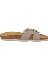 Sandal i slidestil med överdel i beige syntetmaterial, korkmellansula, gummiyttersula och en rektangulär metallspänne som accent på remmen.