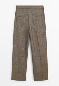 Braune karierte Hosen mit geradem Schnitt, ausgestattet mit zwei Gesäßtaschen, strukturiertem Stoff und einem dezenten Muster aus kontrastierenden Linien und Farbtönen.