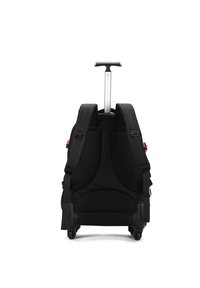 Zaino a rotelle nero con schienale imbottito, spallacci regolabili e manico in alluminio retrattile. Dotato di ruote fluide per una maggiore mobilità.
