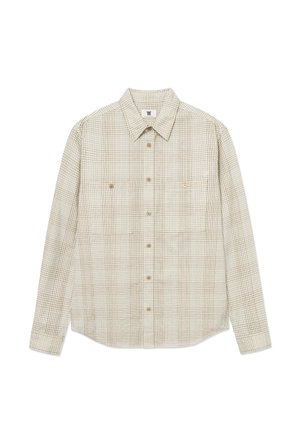 Karirana srajca v bež barvi z rjavim mrežnim vzorcem, dolgimi rokavi, dvema prsnažnima žepoma z gumbi in klasičnim ovratnikom.