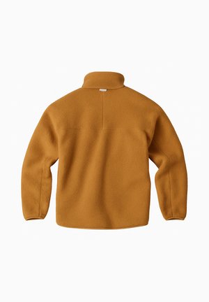 Fleece pullover in golden brown with a high collar, textured fabric, long sleeves, and a horizontal seam across the back.