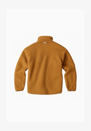 Fleece-Pullover in goldbraun mit hohem Kragen, strukturierter Stoff, langen Ärmeln und einer horizontalen Naht über dem Rücken.