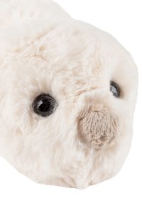 Plush toy seal in soft, light cream fur with a rounded shape, black plastic eyes, and a small, beige nose. Smooth texture with detailed stitching.