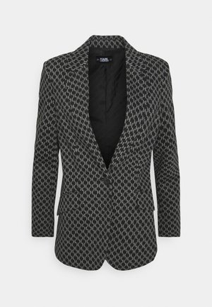 Blazer à motif noir et gris avec un unique bouton, col à revers cranté et poches à rabat à l'avant, col affichant l'étiquette Karl Lagerfeld à l'intérieur.