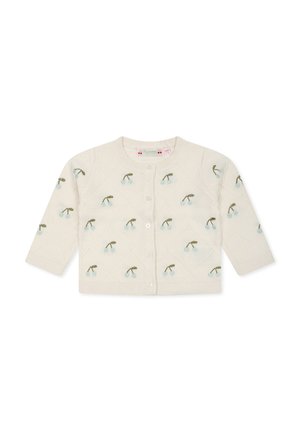 Cardigan lavorato a maglia crema con motivo a diamante. Presenta ciliegie ricamate in verde e blu; chiusura frontale con bottoni e polsini a coste.